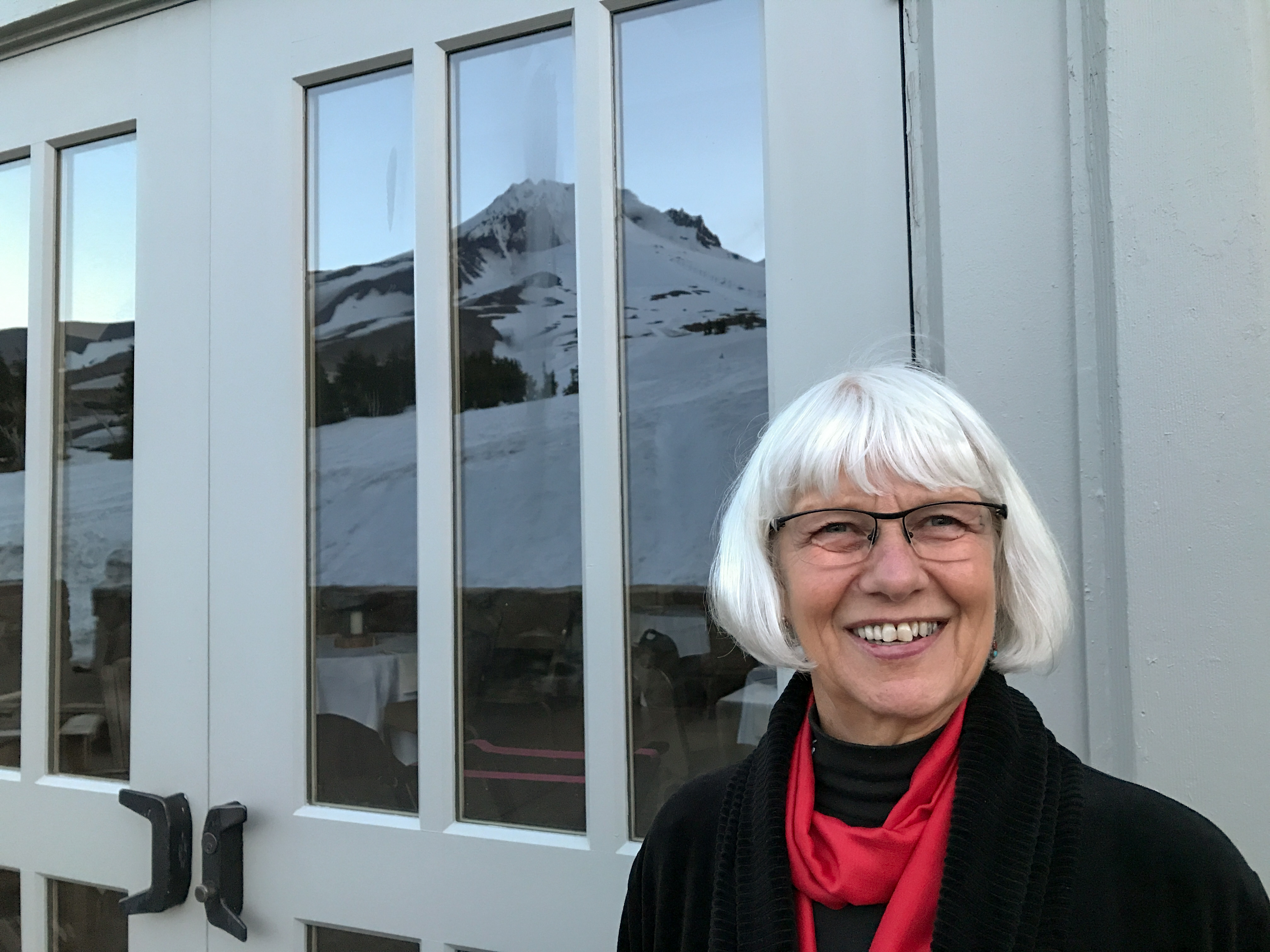 Karen outside Timberline Lodge